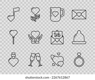 Set line Bottle with love potion, Wedding rings, Coffee cup and heart, Glass champagne, Music note, tone hearts, Heart hand,  and Condom icon. Vector