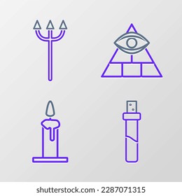 Set line Bottle with love potion, Burning candle in candlestick, Masons and Neptune Trident icon. Vector