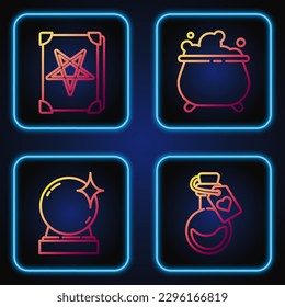 Set line Bottle with love potion, Magic ball, Ancient magic book and Witch cauldron. Gradient color icons. Vector