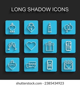 Set line Bottle with love potion, Like and heart, Mobile, Calendar, Heart,  and Gift box icon. Vector