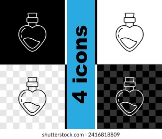 Fijar la línea Botella con icono de poción de amor aislado en fondo blanco y negro, transparente. Símbolo del día de San Valentín.  Vector
