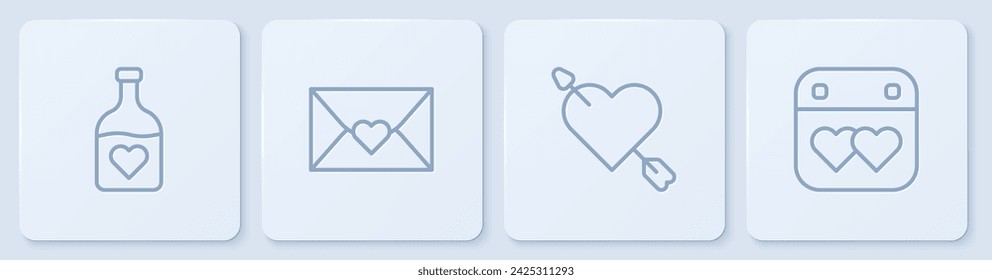 Set line Bottle with love potion, Amour heart and arrow, Envelope Valentine and Calendar. White square button. Vector