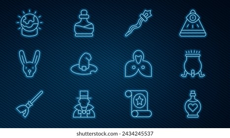 Set line Bottle with love potion, Witch cauldron, Magic staff, hat, Rabbit ears, ball, Mantle, cloak, cape and  icon. Vector