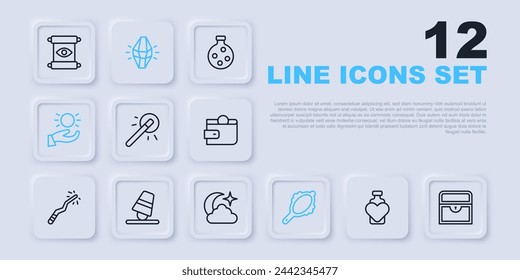 Set line Bottle with love potion, Antique treasure chest, Magic wand, hand mirror, Ball levitating above, Game thimbles, stone and Moon stars icon. Vector