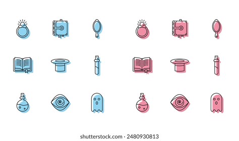 Set line Bottle with love potion, Hypnosis, Magic stone ring gem, Ghost, Magician hat, Ancient magic book and  icon. Vector