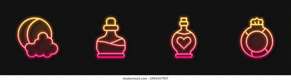 Set line Bottle with love potion, Moon and stars,  and Magic stone ring gem. Glowing neon icon. Vector