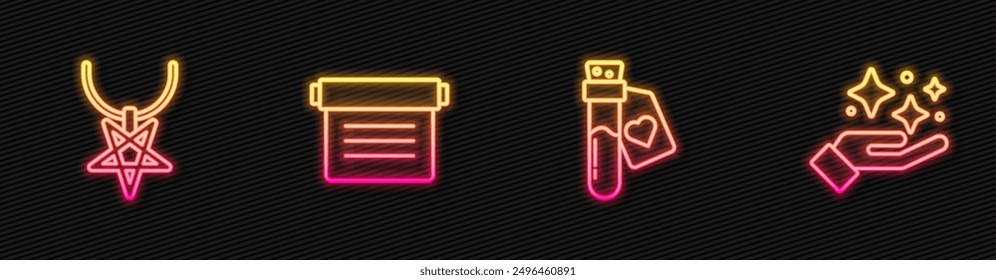 Set line Bottle with love potion, Pentagram necklace, Ancient magic book and Sparkle stars trick. Glowing neon icon. Vector