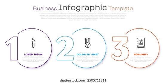 Set line Bottle with love potion, Rabbit ears and Ancient magic book. Business infographic template. Vector