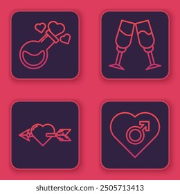 Set line Bottle with love potion, Amour with heart and arrow, Glass of champagne and Heart with male gender. Blue square button. Vector