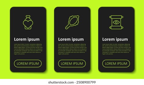 Set line Bottle with love potion, Magic hand mirror and scroll. Business infographic template. Vector