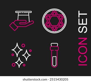 Set line Bottle with love potion, Sparkle stars magical glitter, Star of David and Magician hat in hand icon. Vector