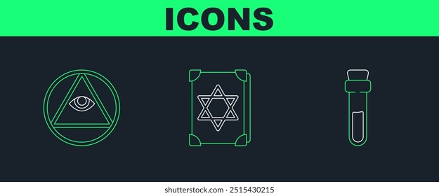 Set line Bottle with love potion, Masons and Ancient magic book icon. Vector