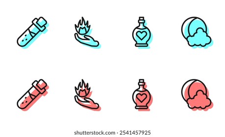 Set Linie Flasche mit Liebesgetränk, , Hand, die ein Feuer hält und Mondsternen Symbol. Vektorgrafik