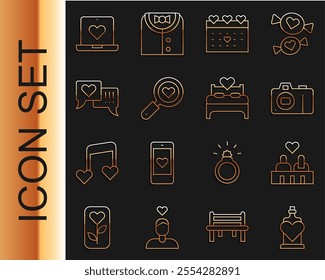 Set line Bottle with love potion, Couple in, Photo camera, Calendar heart, Search and, Heart speech bubble, Dating app online and Bedroom icon. Vector