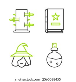 Set line Bottle with love potion, Witch, Ancient magic book and Trunk for tricks icon. Vector