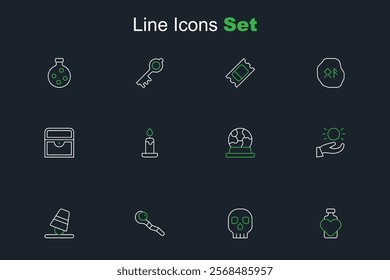 Set line Bottle with love potion, Skull, Magic staff, Game thimbles, Ball levitating above hand, ball, Burning candle and Antique treasure chest icon. Vector