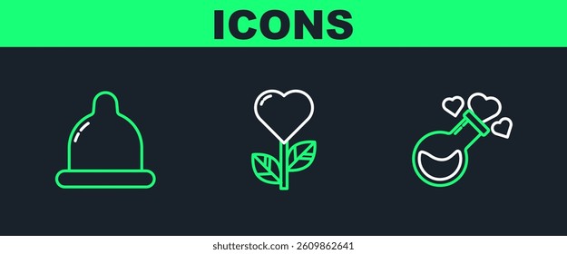 Set line Bottle with love potion, Condom and Heart shape in a flower icon. Vector