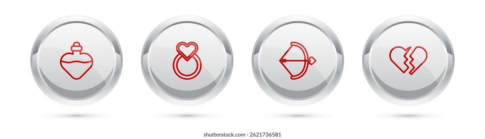 Botella con poción de amor, anillos de boda, arco y flecha y corazón roto. Botón de círculo plateado. Vector