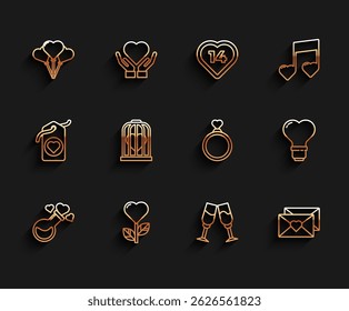 Set line Bottle with love potion, Heart shape in a flower, Balloons form of heart, Glass champagne, Envelope Valentine, the bird cage, light bulb and Wedding rings icon. Vector