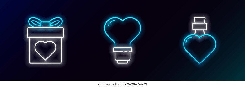 Set line Bottle with love potion, Gift box heart and Heart shape in light bulb icon. Glowing neon. Vector