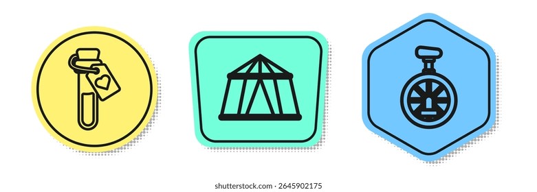 Set line Bottle with love potion, Circus tent and Unicycle or one wheel bicycle. Colored shapes. Vector
