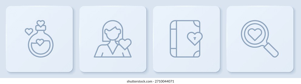 Set line Botella con poción de amor, Diario de amor, chica romántica y Búsqueda corazón y. Botón cuadrado blanco. Vector