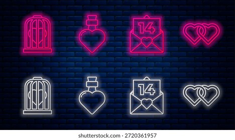 Botella con poción de amor, sobre con corazón de San Valentín, corazón en la jaula de pájaros y dos corazones vinculados. Icono de neón brillante en la pared de ladrillo. Vector