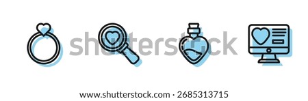 Set line Bottle with love potion, Wedding rings, Search heart and and Dating app online icon. Vector