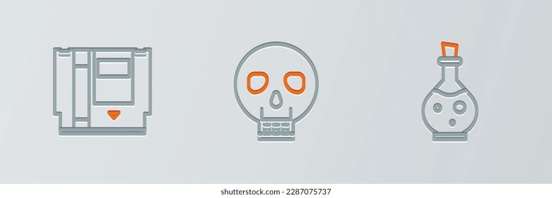 Set line Bottle with magic elixir, Cartridge and Skull icon. Vector