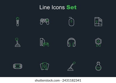 Set line Bottle with magic elixir, Microphone, Playing cards, Portable video game console, Game rating medal, Headphones, joystick and Gear shifter icon. Vector