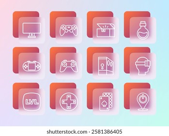 Set line Bottle with magic elixir, Game controller or joystick, Case of computer, Playing cards, Chest for game, Computer monitor and  icon. Vector