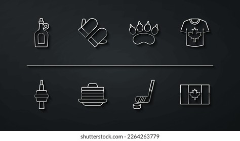 Set line Bottle of maple syrup, TV CN Tower in Toronto, Hockey jersey, Ice hockey stick and puck, Stack pancakes, Christmas mitten, Flag Canada and Bear paw footprint icon. Vector