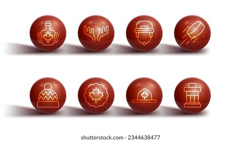 Set line Bottle of maple syrup, Beanie hat, Hockey puck, Canadian ranger, leaf, Deer antlers, Inukshuk and helmet icon. Vector