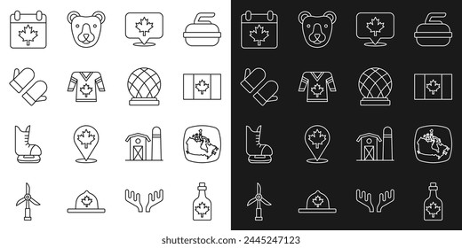 Set line Bottle of maple syrup, Canada, Flag, Canadian leaf, Hockey jersey, Christmas mitten, day with and Montreal Biosphere icon. Vector