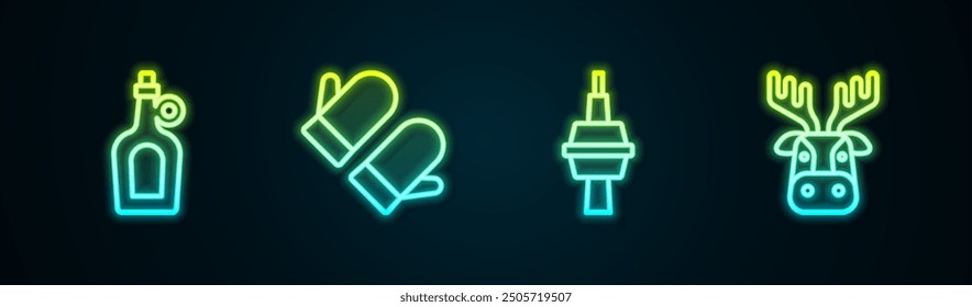 Set line Botella de jarabe de arce, manopla de Navidades, TV CN Tower en Toronto y cabeza de ciervo con astas. Icono de neón brillante. Vector