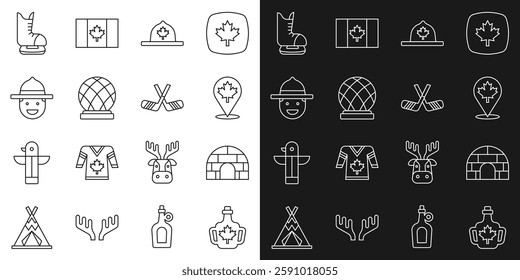 Set line Bottle of maple syrup, Igloo ice house, Canadian leaf, ranger hat, Montreal Biosphere, Skates and Ice hockey sticks icon. Vector