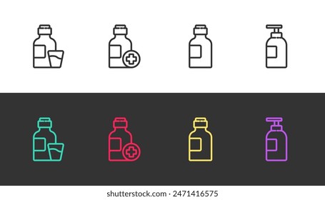 Set line Bottle of medicine syrup, ,  and Hand sanitizer bottle on black and white. Vector