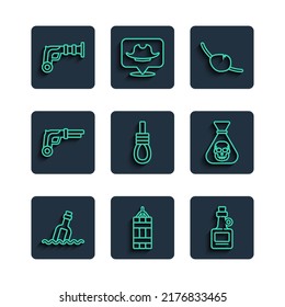 Set line Bottle with message in water, Dynamite bomb, Alcohol drink Rum, Pirate eye patch, Gallows rope loop hanging, Vintage pistols,  and coin icon. Vector