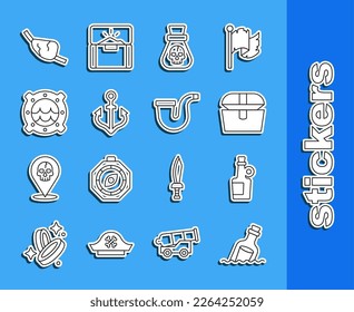 Set-Zeile Flasche mit der Nachricht im Wasser, Alkohol trinken Rum, Antiquitätenschatz, Piratenmünze, Anchor, Ship porthole Seekarte, Augenpflaster und Rauchpfeife Symbol. Vektorgrafik