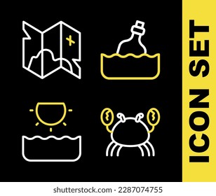 Set line Bottle with message in water, Crab, Sun and Pirate treasure map icon. Vector