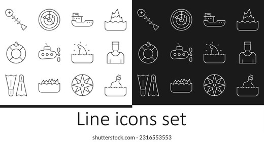 Set line Bottle with message in water, Sailor captain, Cargo ship, Submarine, Lifebuoy, Dead fish, Shark fin ocean wave and Radar targets icon. Vector