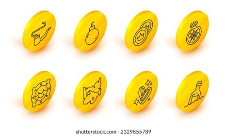 Set line Bottle with message in water, Pirate coin, treasure map, Ship porthole seascape, Compass, Bomb ready to explode and Smoking pipe icon. Vector
