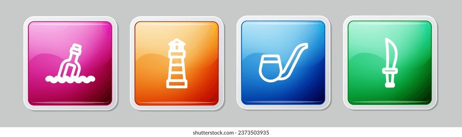 Flasche mit Flasche in Wasser, Leuchtturm, Rauchrohr und Piratenschwert. Farbige Quadrat-Taste. Vektorgrafik
