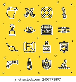 Fijar la línea Botella con mensaje en agua, bandera pirata, nudo amarrado de la cuerda, Lifebuoy, sombrero, gancho, capitán e ícono del cofre del tesoro de la antigua. Vector