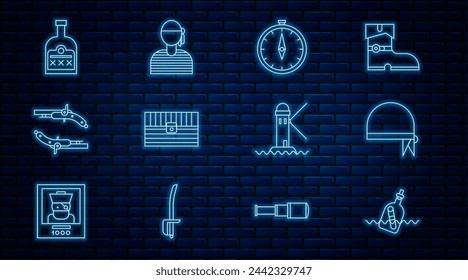 Set line Bottle with message in water, Pirate bandana for head, Compass, Antique treasure chest, Vintage pistols, Alcohol drink Rum bottle, Lighthouse and Sailor captain icon. Vector