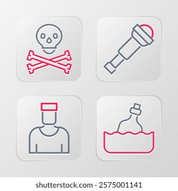 Set line Bottle with message in water, Sailor captain, Spyglass telescope lens and Skull on crossbones icon. Vector