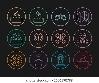 Set line Bottle with message in water, Skull on crossbones, Binoculars, Location anchor, Sinking cruise ship, Iceberg, Radar targets and Seagull sits buoy icon. Vector