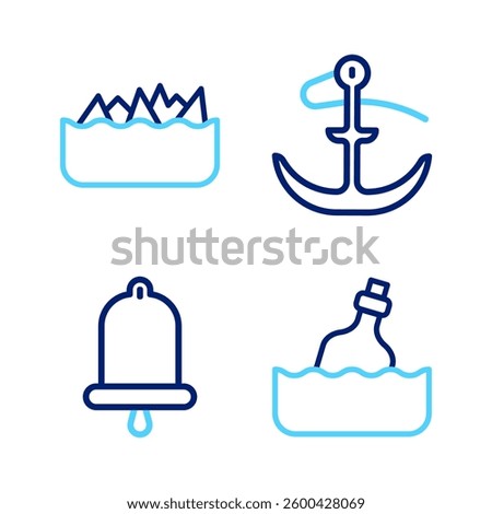 Set line Bottle with message in water, Ship bell, Anchor and Sharp stone reefs icon. Vector