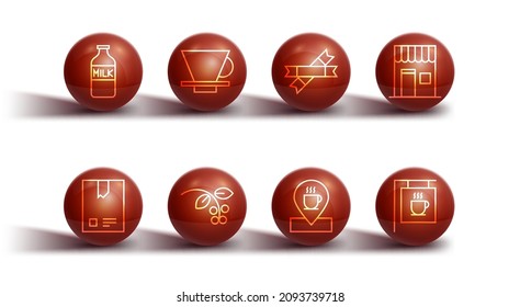 Set line Bottle with milk, Bag of coffee beans, Coffee shop, Location cup, bean, branch, V60 maker, Street signboard and Sugar stick packets icon. Vector