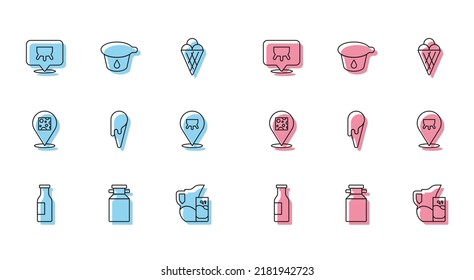 Set Flasche mit Milch, Dosenbehältnis für, Udder, Milchkrug und Glas, Eiscreme Waffelkegel, Käse und Yogurt Symbol. Vektorgrafik